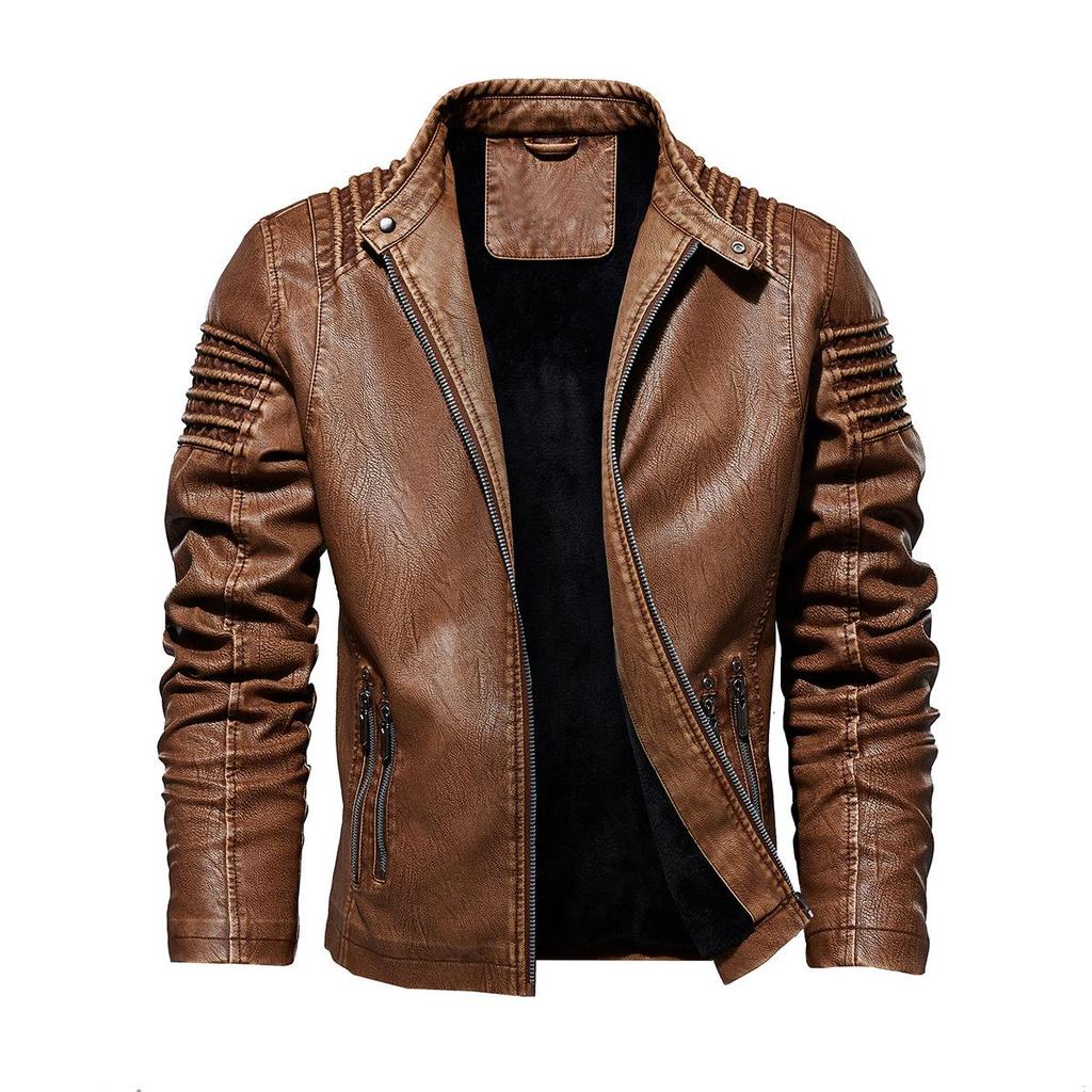 Fashion Men Vintage Cool Motorcycle Faux Leather Jacket Autumn Winter Long Sleeve Jacket Coat Stand Collar Club Bomber Jacket