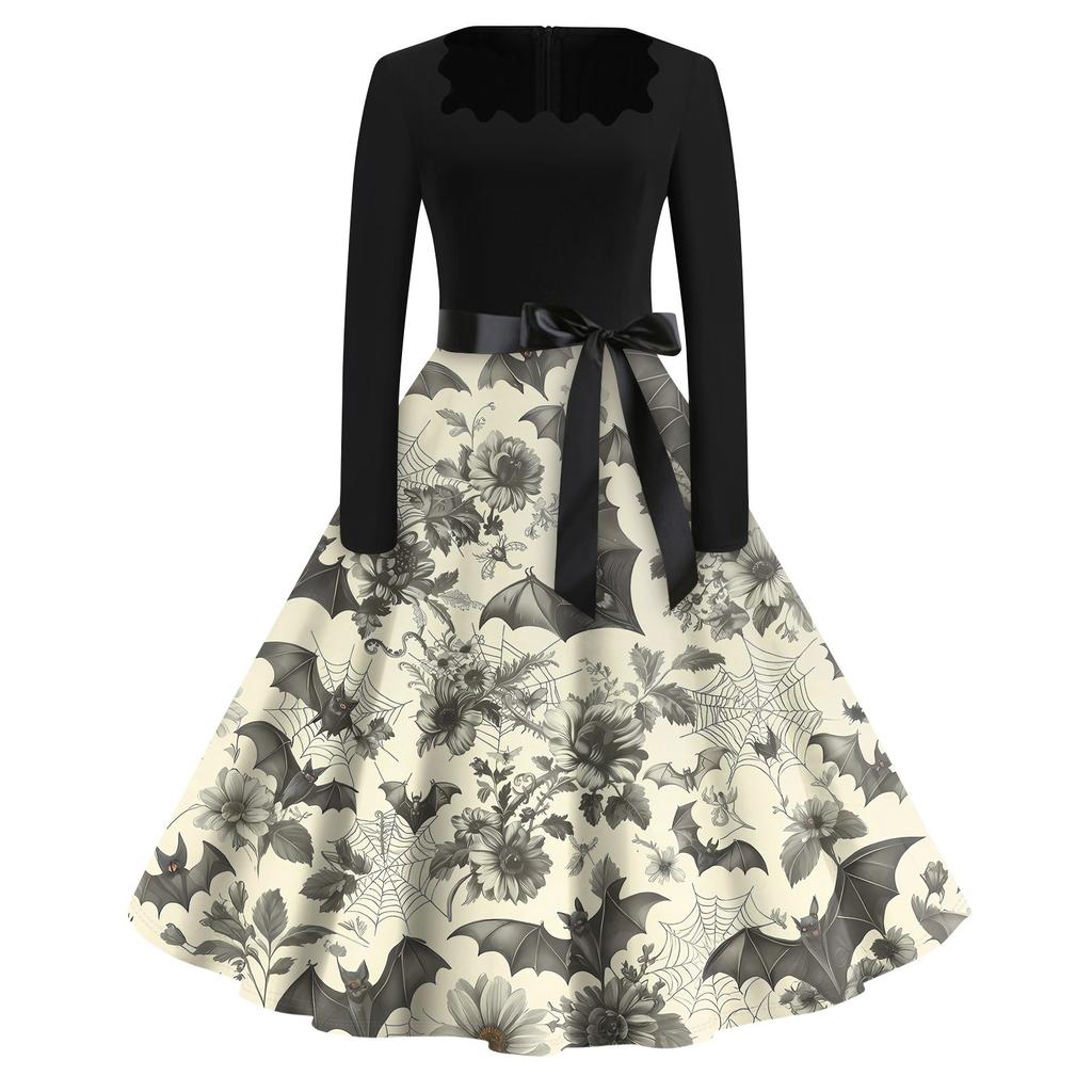 Halloween Print Flare Dress For Women Long Sleeve Dress Hollow Party Casual Dresses