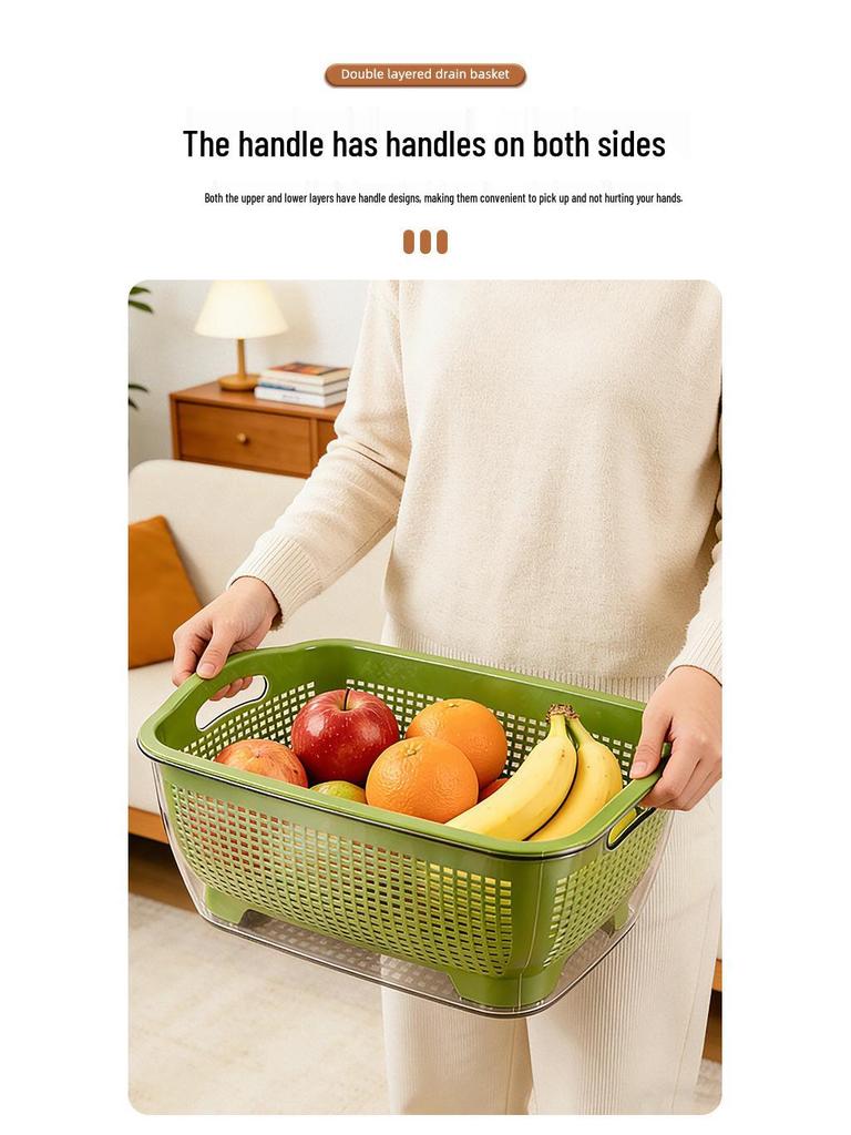 Dual-Layer Draining Basket for Vegetables, Fruits, and Rice - Large Capacity Storage Basin