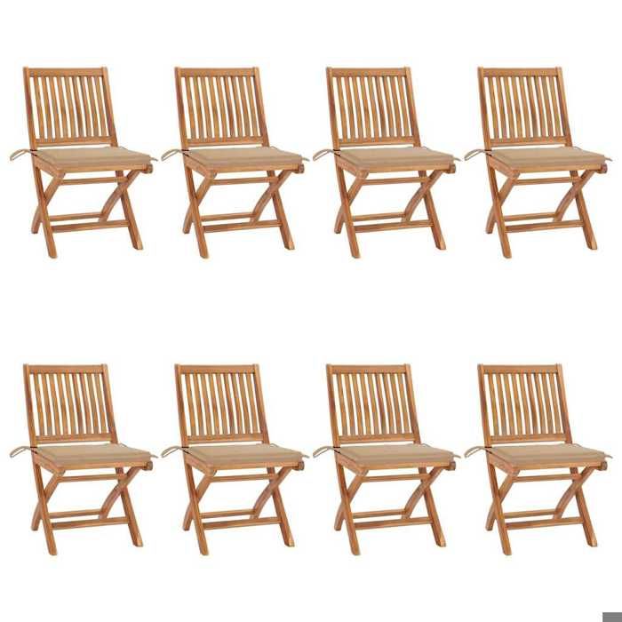 Exclusive House - Folding Garden Chairs with Cushions Set of 8 Solid Teak