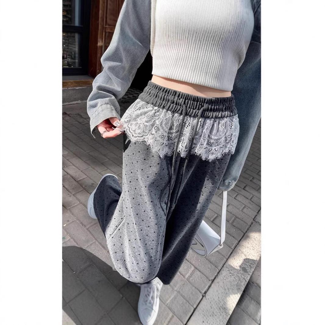 

Lace Patchwork Polka Dot Wide-Leg Pants: Women s 2025 Spring/Autumn Loose Casual Straight-Leg Floor-Length Design Small чорний
