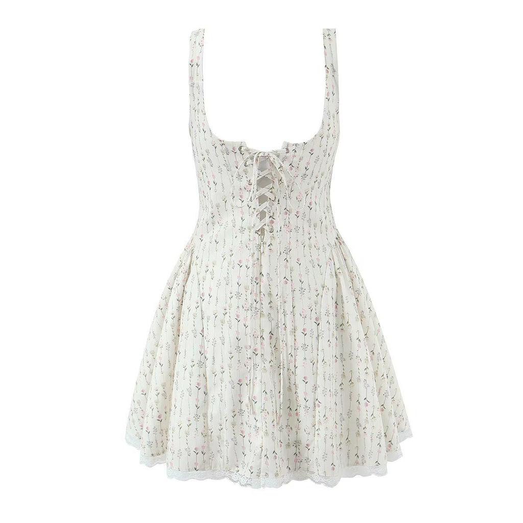 Hepburn Floral Lace-Trimmed Spaghetti Strap A-Line Dress Women's Slim-Fit Summer Short Skirt