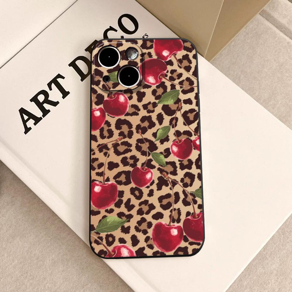 Leopard Print Cherry Star Phone Case FOR IPhone 15 Pro Max 14 11 12 Pro 15 16 Plus 13 Pro MAX XR XS Black Soft Covers