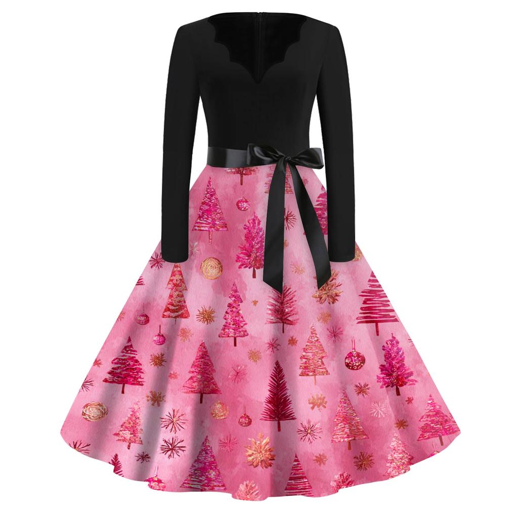 Vestido Feminino Moda Decote V Ajuste Relaxado Estampa de Natal Manga Longa