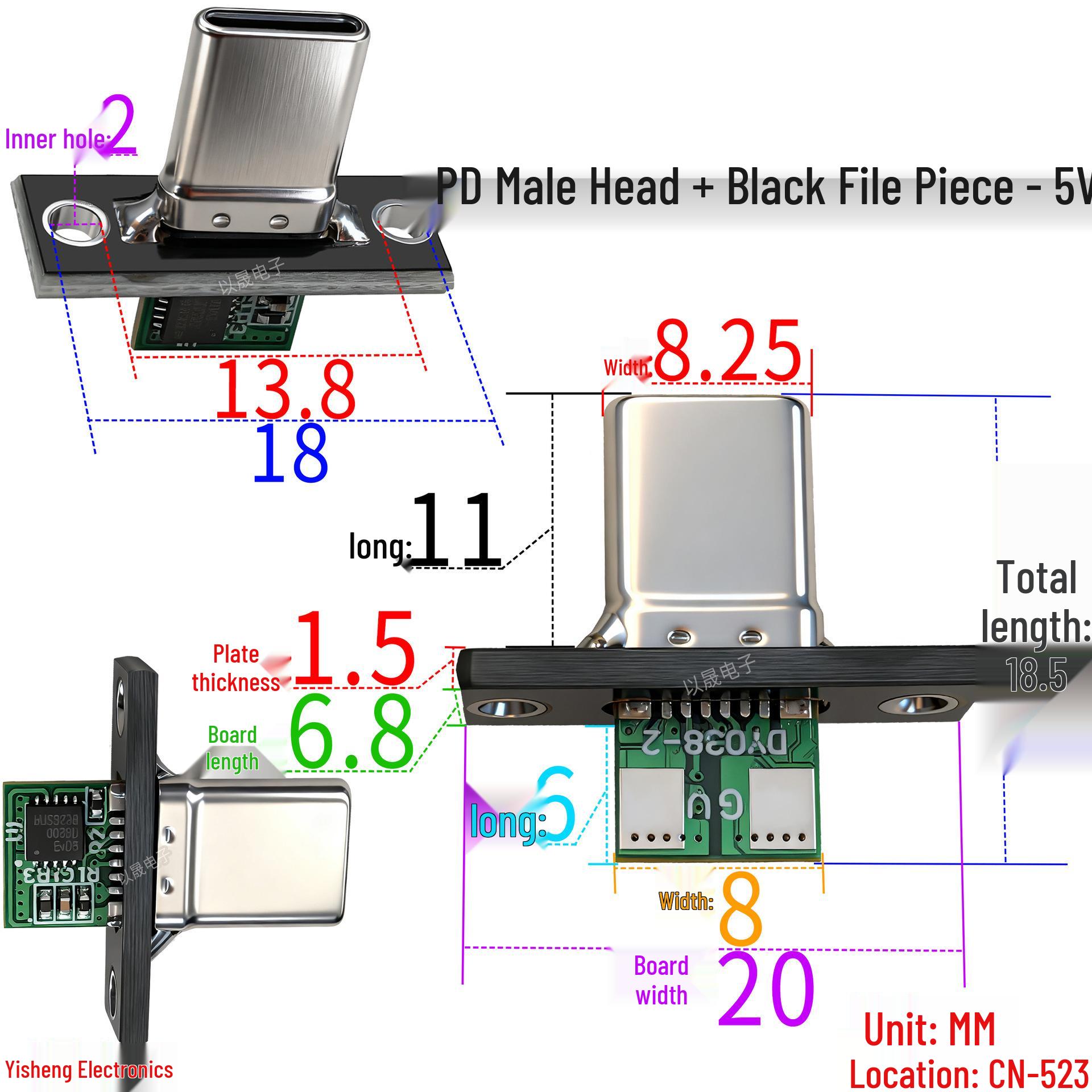

USB Type-C PD Trigger Male Connector with Voltage Options (5/9/12/15/20V) and Mounting Plate with Screw Holes