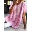 Fashion O Neck Short Sleeve Casual Long Blouse Solid Color Pleated Tops Plus Size Office Elegant Simple Loose Summer Sweet Shirt Dress Women Clothing