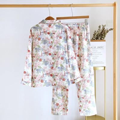 New Spring and Autumn Women's Pajama Set 100% Cotton Printed Polo Collar Long Sleeve Two Piece Loose Floral Home Furnishing