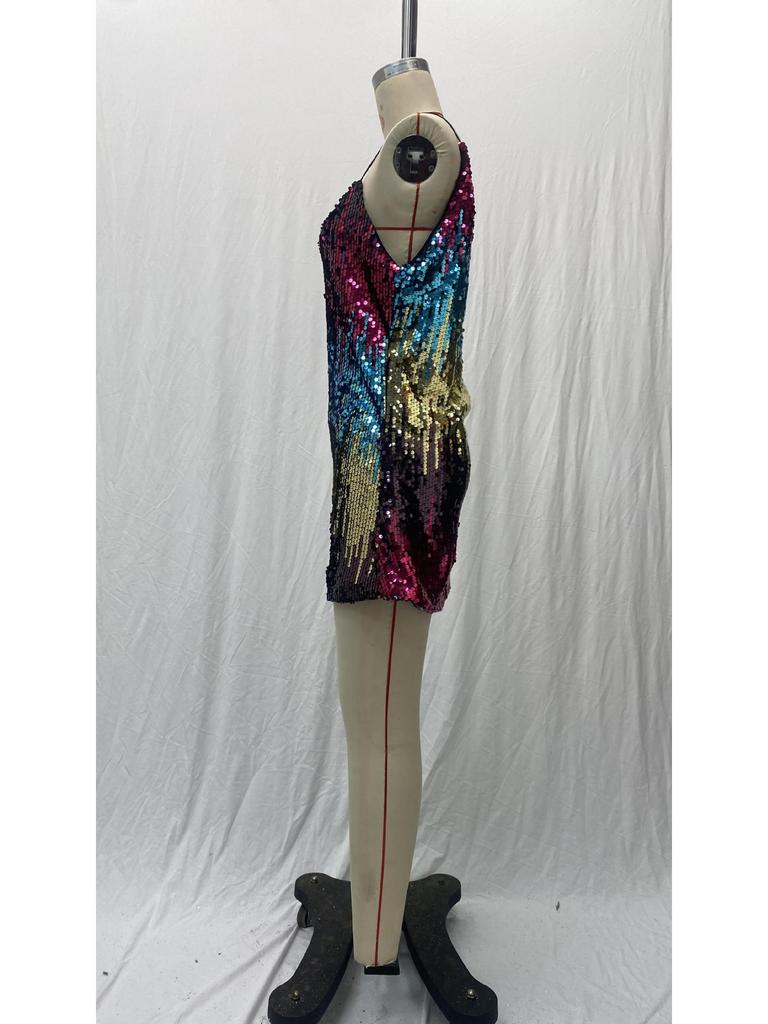 2025 Summer Sleeveless Sequin V-neck Mini Dress for Women - Sexy European & American Style with Spaghetti Straps