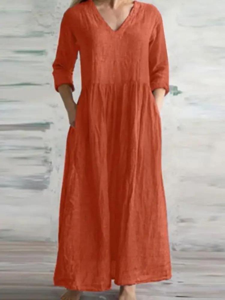 New Casual Women Loose Long Maxi Dress V Neck Half Sleeves Simple Style Cotton Linen Vestido Lady Dress for Spring Autumn