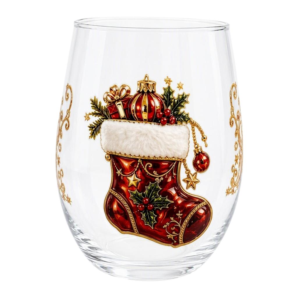 Christmas Glass Art Cup 2D Santa Snowman Pattern Drinking Cup for Cocktails Whiskey Wine Glasses Unique Holiday Glassware Gift