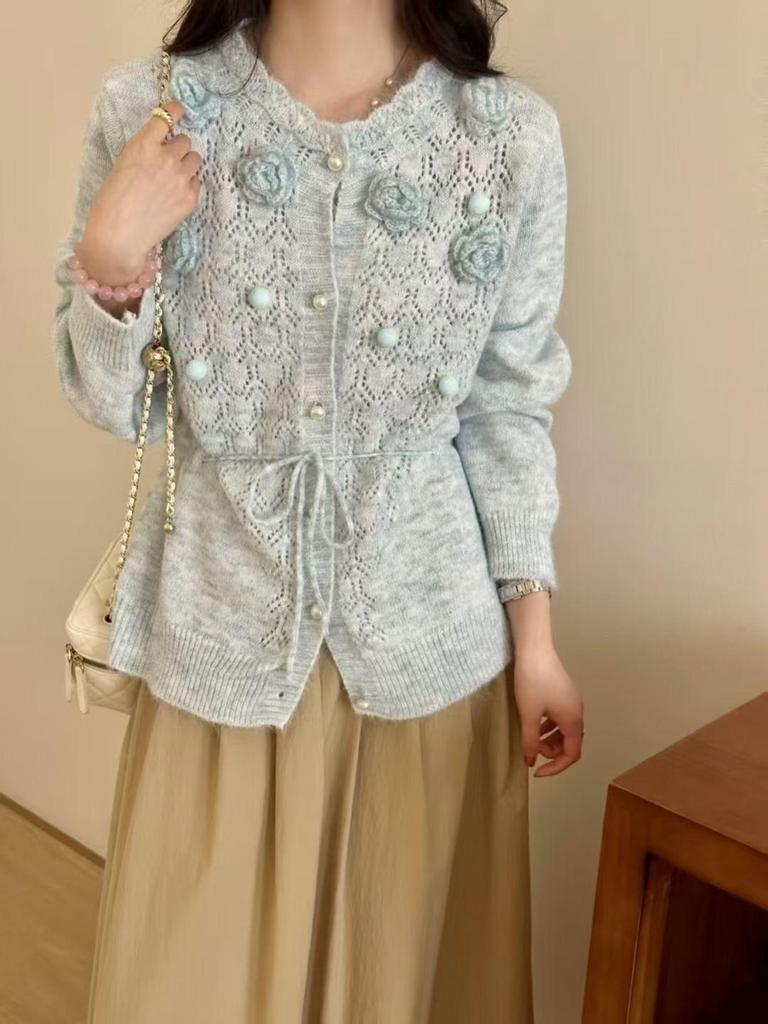 European Heavy Duty 3D Flower Knit Cardigan: Autumn Winter, Crochet Hollow-Out, Waist-Cinching Slimming Sweater Top