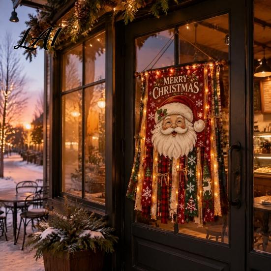 Santa Claus Elk Snowman Gingerbread Man Banner Christmas Hanging Cloth Decoration with LED Light for Home Door Wall And Window Holiday Indoor Outdoor
