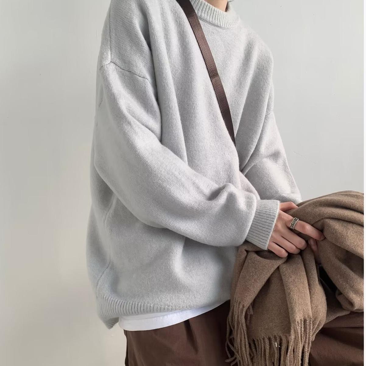 

Men s Solid Color Round Neck Sweater, Casual Warm Knitwear, Japanese Retro Style XXL