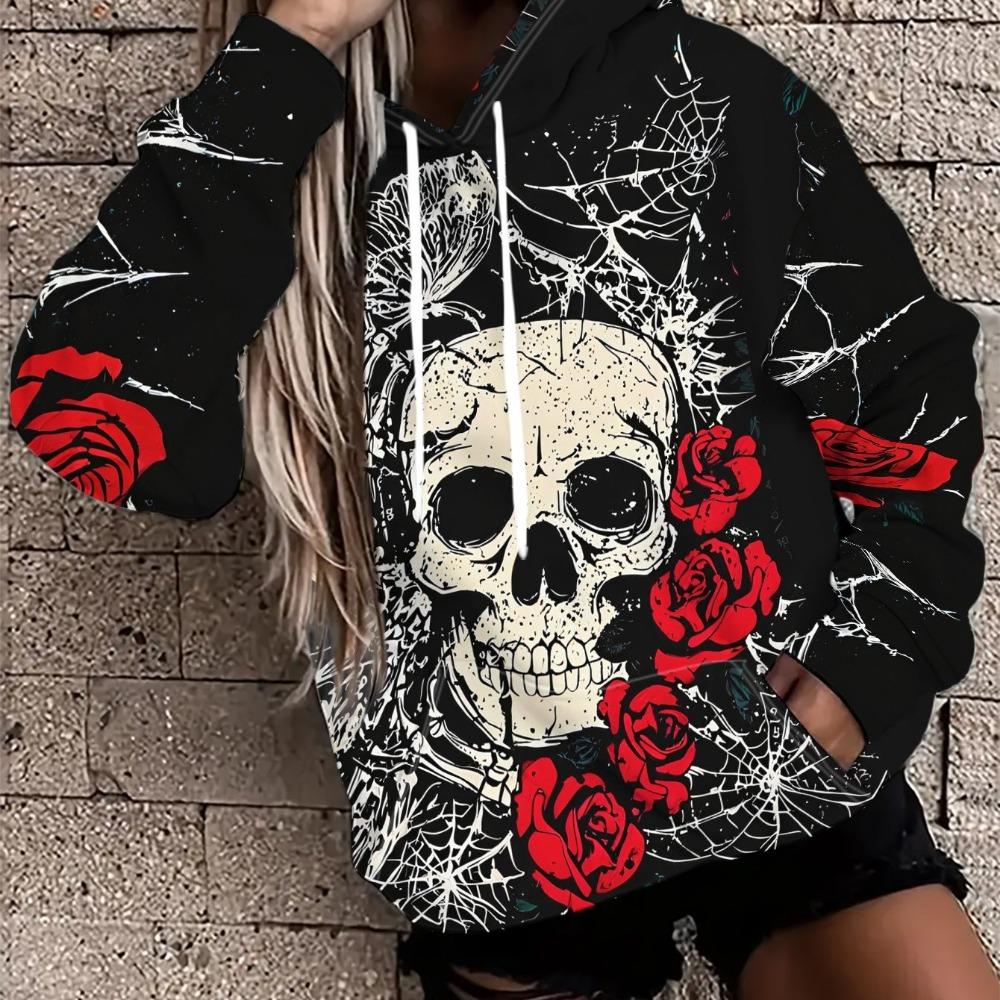 Women's Trendy Skull and Rose Print Sweatshirt, Stylish and Unique Polyester Long-Sleeve Top, Machine Washable, for Casual Daily Wear