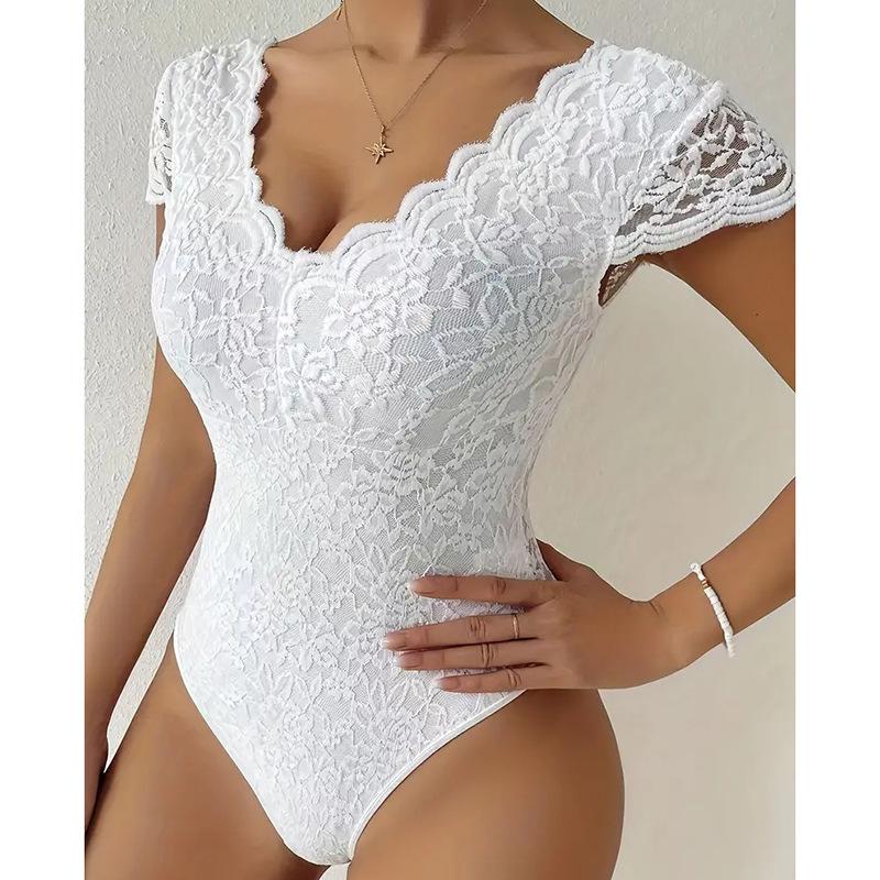 European and American Lace Trim Slimming Short Sleeve Bodysuit