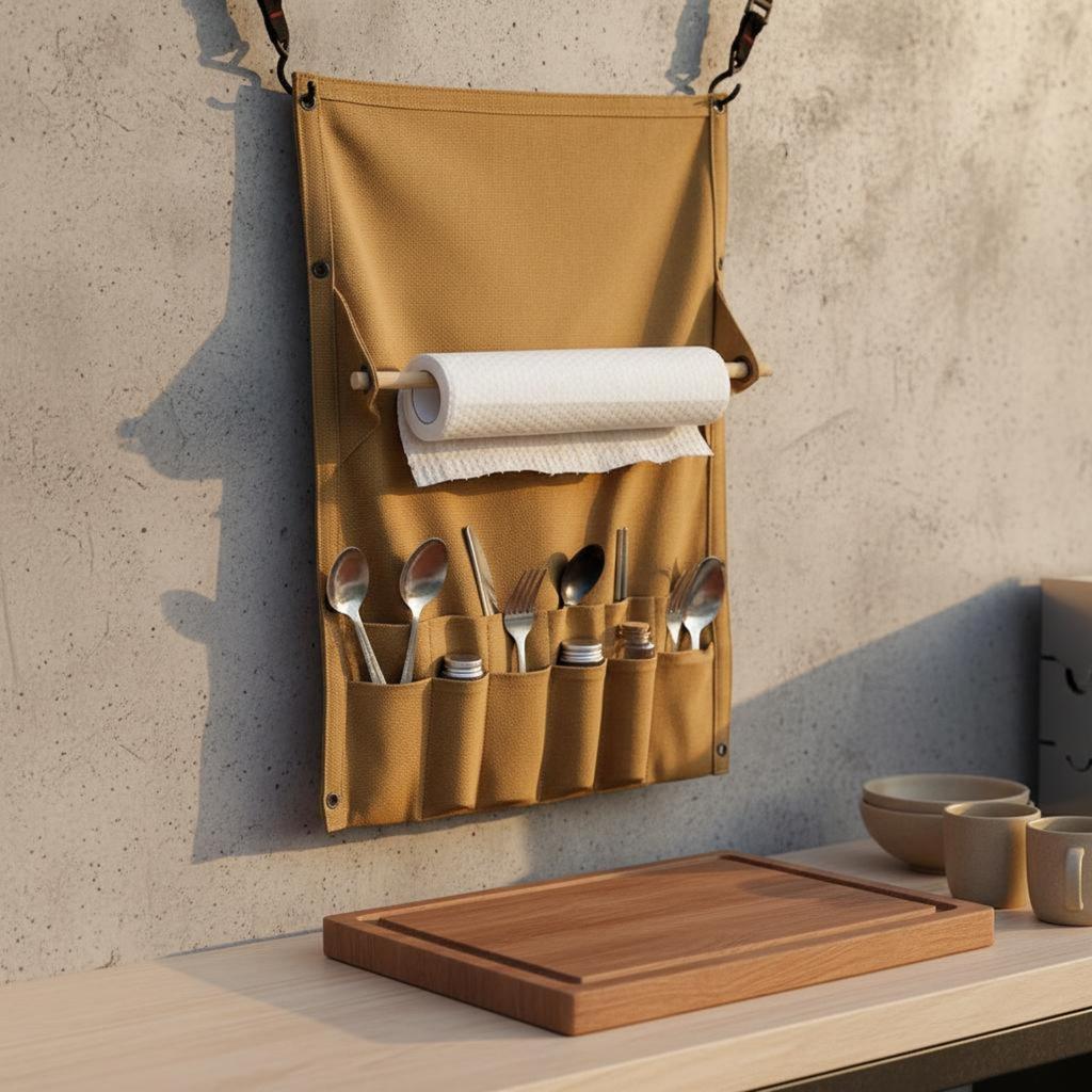 Canvas Cutlery Roll With Paper Towel Holder Portable Hanging Utensil Storage Bag Outdoor Tableware Hanging Pouch Multifunctional