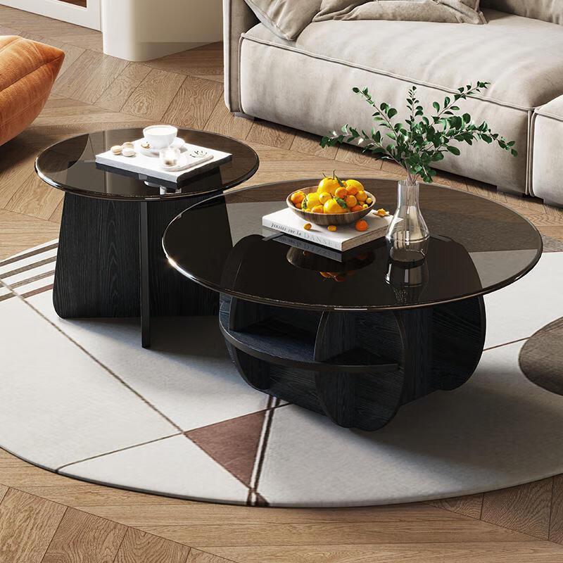 Minimalist Round Wood & Glass Coffee Table Set
