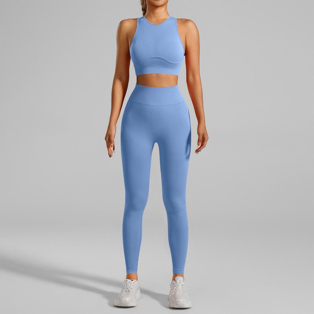 Women's Fashion Solid Color Tight Running Fitness Threaded Tank Top Seamless Pants Yoga Set