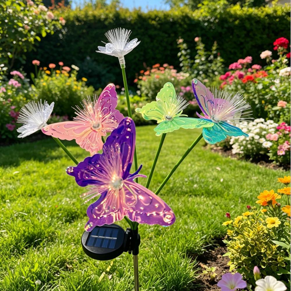 Solar Butterfly & Flower Fiber Optic Lights, Color Changing Landscape Lamp, Outdoor Garden Pathway Stake Light