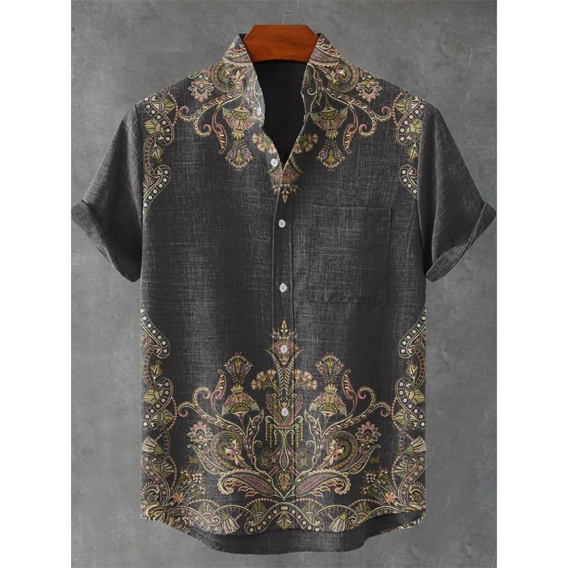 Men's Short Sleeve Shirt Vintage Ethnic Style Sunlight and Tree Illustration Art Wave Print Casual Linen Shirt,