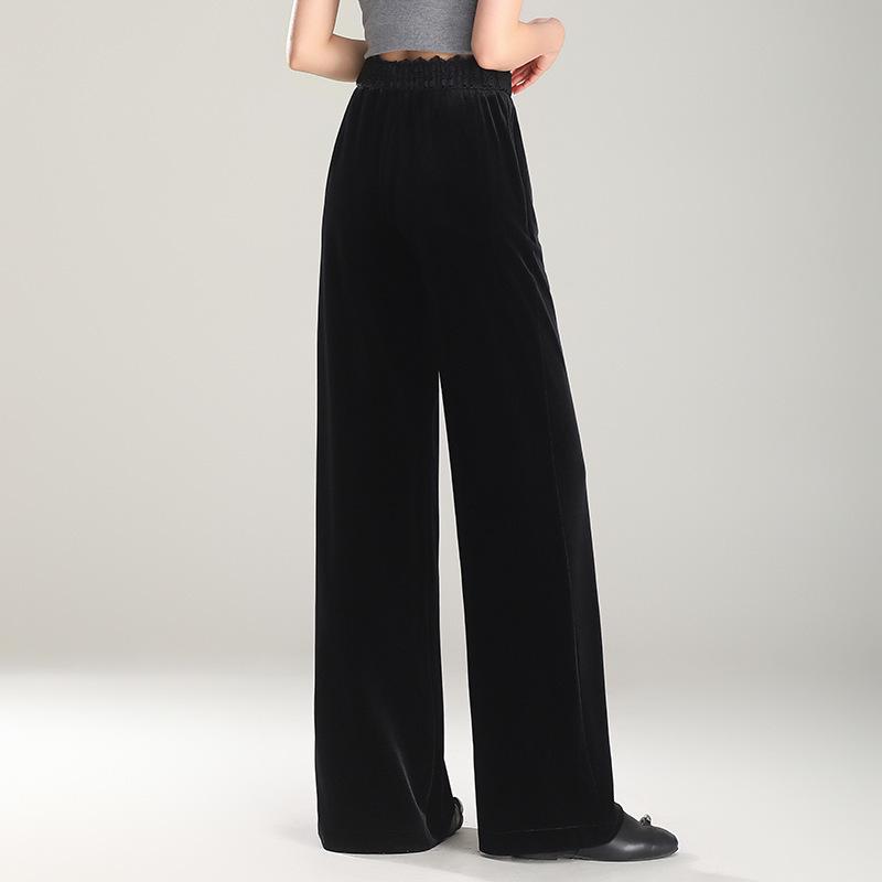 Women's High-Waist Golden Velvet Wide-Leg Pants - Spring/Summer 2026 Collection, Fashionable Black Drapey Casual Style.