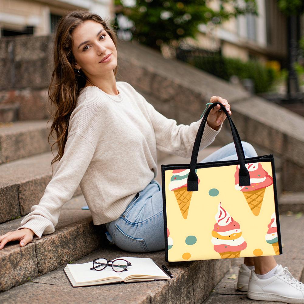 Cute Ice Cream Pattern Tote Bag Casual Large Capacity Shoulder Handbag for Daily Shopping Travel