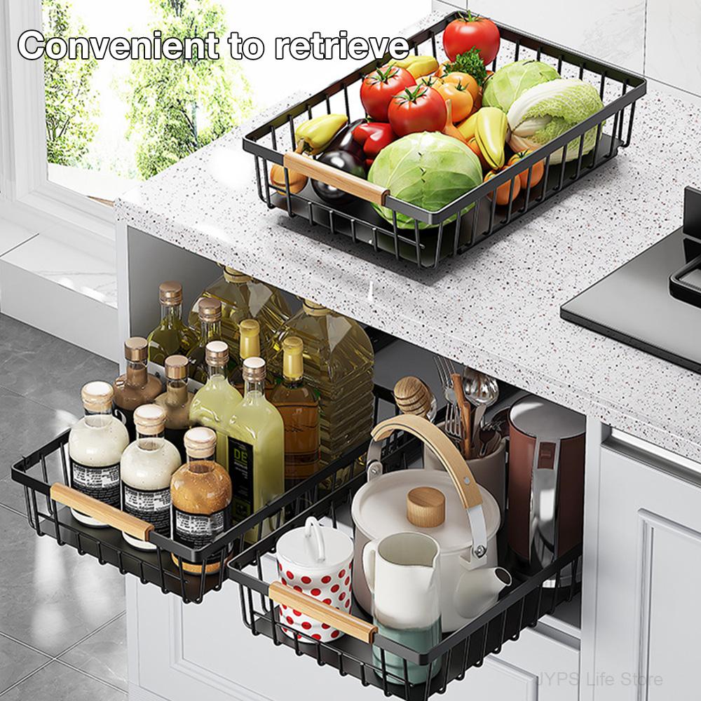 Kitchen Storage Rack Pull Out Cabinet Basket Under Sink Organizer Slide Out Pantry Shelves Sliding Drawer For Bathroom Kitchen
