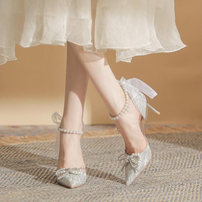 Women's Bowknot Pumps Shoes Pointed Toe High Heels Stiletto Pearl Ankle Strap Closed Toe Wedding Party Dress Sandals for Women Strappy Heeled Pumps