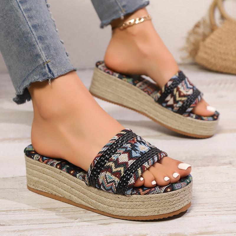 Fashion Women's Slope Heel Sandals Summer New Round Head Open Toe Cloth Surface Thick Sole Anti-slip Wear-resistant Slippers