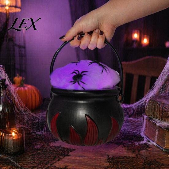 Dark Fantasy Party Props Light Up Witch Cauldron DIY Set, Halloween Glowing Black Plastic Bowl with Spiders, Bucket Spooky Hocus Pocus Candy