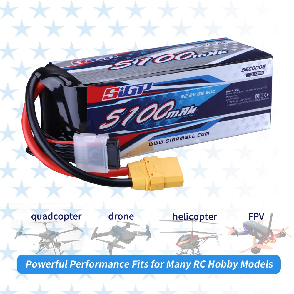SIGP 6S 22.2V LiPo 5100mAh 60C with XT90 Plug for Remote Control Aircraft, Quadcopter, Drone, FPV, Helicopter Racing Hobbies