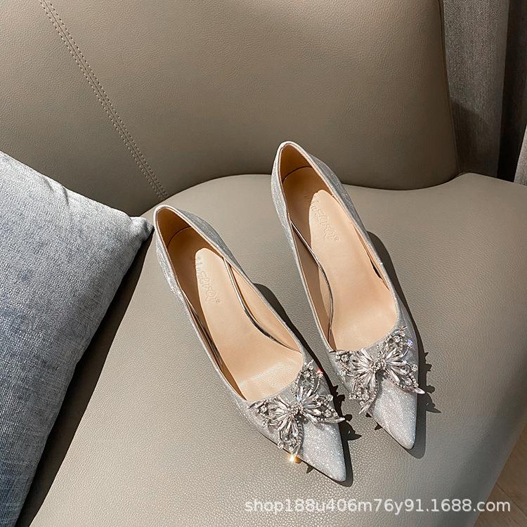 [Spot] Silver Bow High Heels Women's 2025 New Pointed Stiletto Crystal Wedding Shoes Xiuhe Wedding Dress