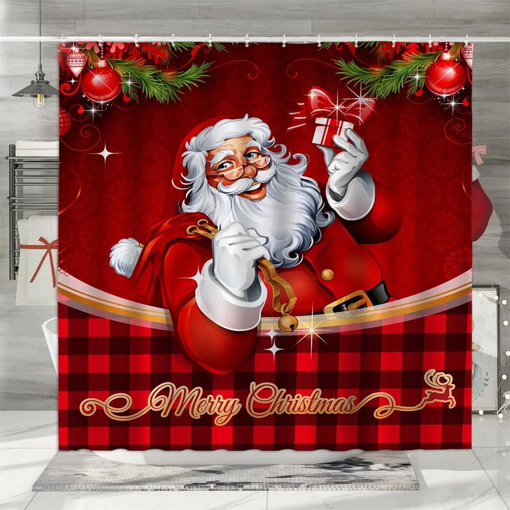 Christmas Shower Curtain, Winter Holiday Farm Snowman Santa Claus Christmas Tree Farmhouse Christmas Balls Bathroom Decorations