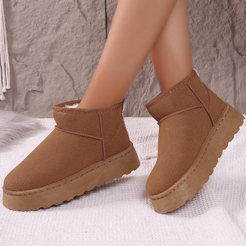 Women Winter Large Size Round Toe Thick Sole Snow Boots Casual Short Tube Velvet Fur Warm Cotton Shoes Solid Color 36-41
