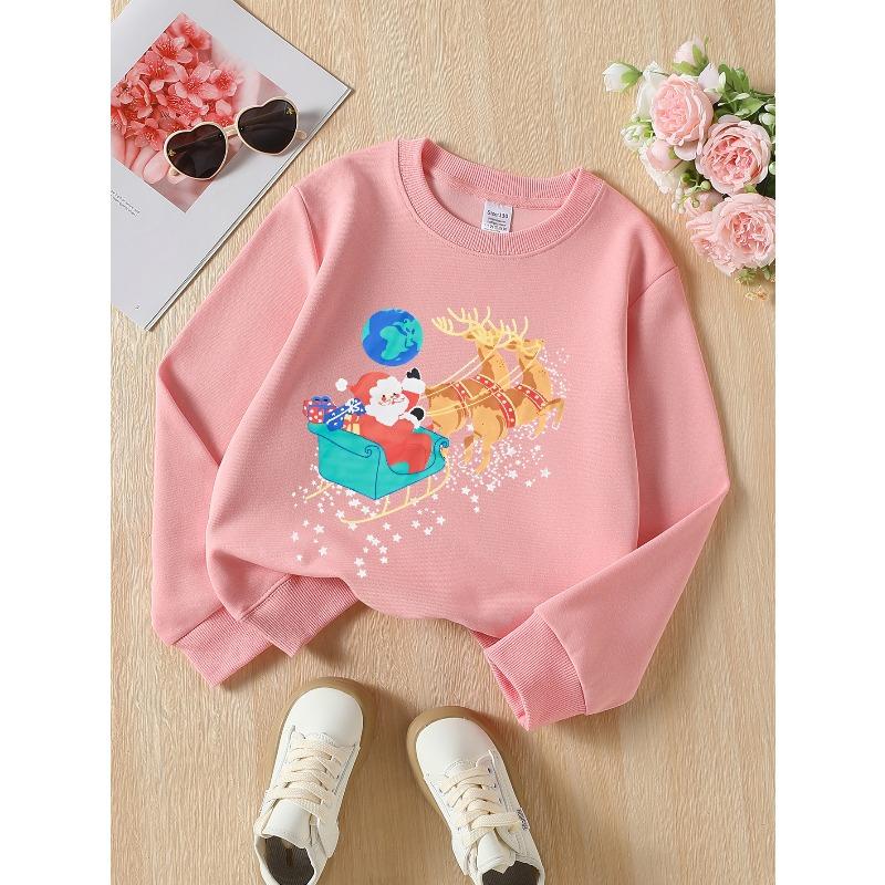 European sizes Santa Claus Reindeer Sleigh Christmas Stars Globe Girls' Crew Neck Sweatshirt, Autumn Winter Western Top.