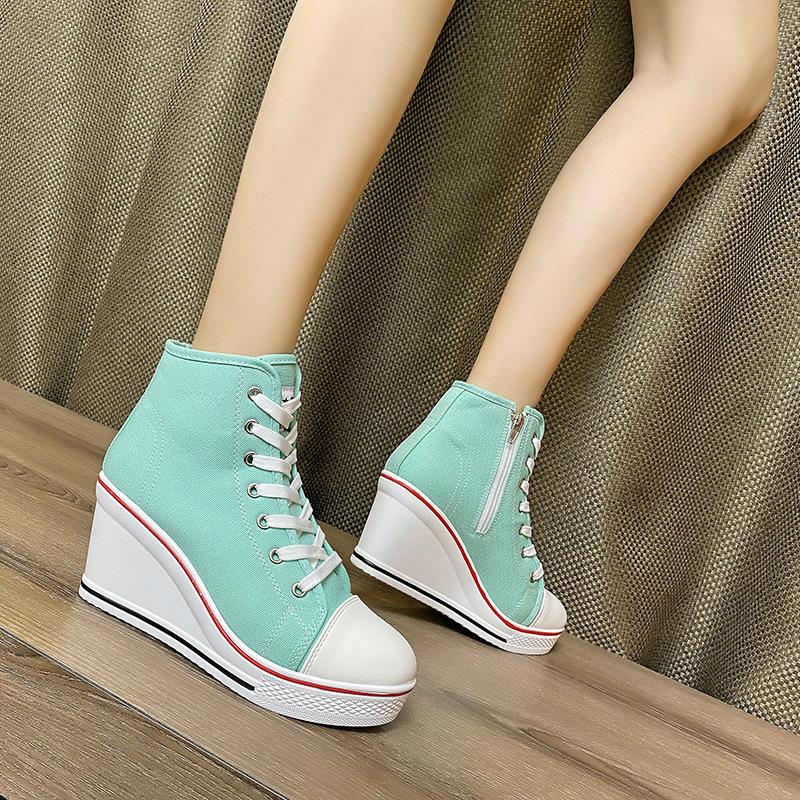 Fashion New High-top Canvas Shoes Slope Heel Height-increasing Casual Shoes, Thick-soled Lace-up Foreign Trade Large-size Women's Shoes