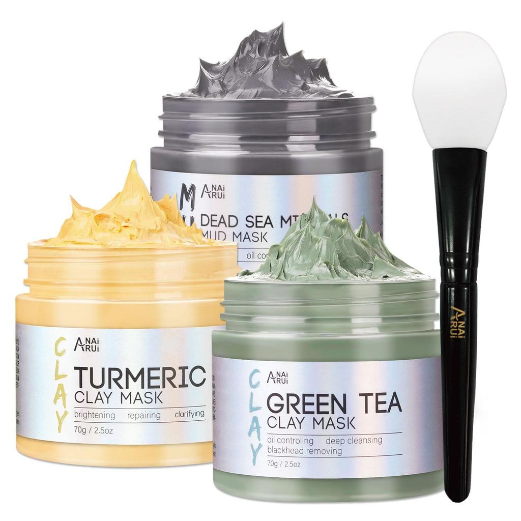 ANAiRUi 3-in-1 Clay Mask Set Turmeric Green Tea Dead Sea Mud 3 x 70g