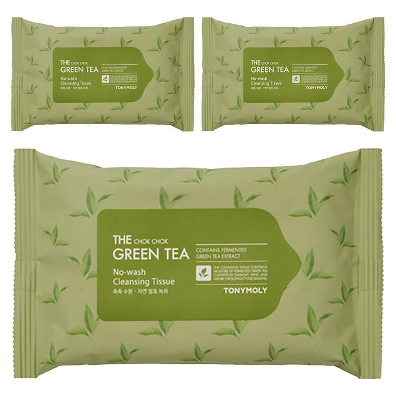 Tony Moly The Chok Chok Green Tea No Wash Cleansing Tissues, 20 Sheets Pack, 20 wipes, 3 pcs