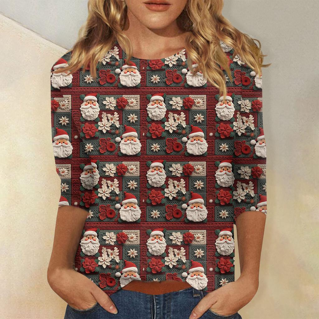 Women's Fashionable Casual Three-Quarter Sleeve Christmas Print Round Neck Top