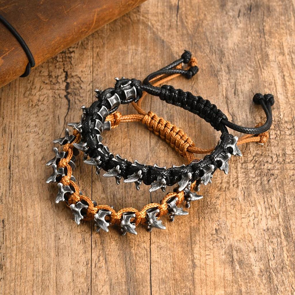 Vnox Men's Adjustable Bracelets, Vintage Gray Alloy Dragon Spine Woven Black Brown Rope Bracelet Rock Punk Metal Jewelry Gifts