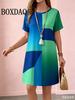 2026 Casual and Fashionable Round Neck Short Sleeved Geometric Printed Loose Women's Dress for Summer