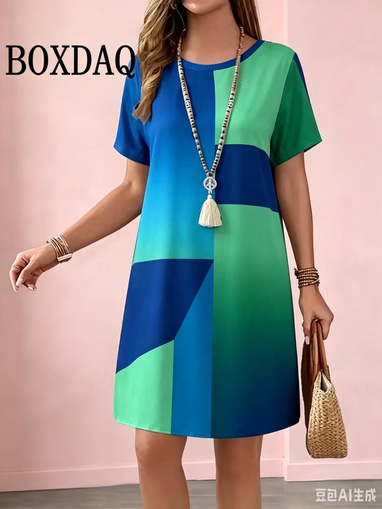 2026 Casual and Fashionable Round Neck Short Sleeved Geometric Printed Loose Women's Dress for Summer