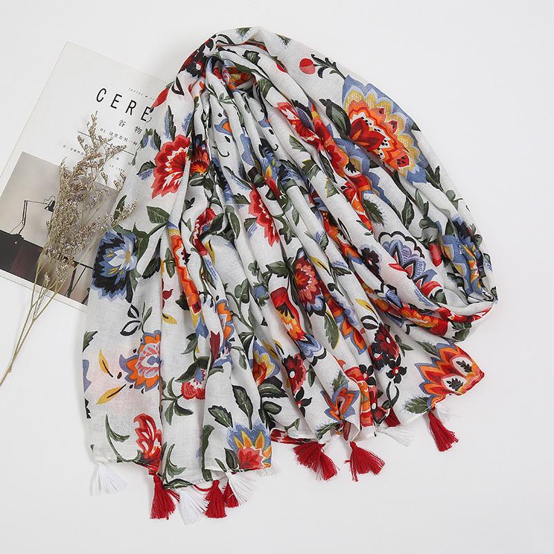 Small Fresh and Retro Blue and White Porcelain Cotton Linen Scarf Bali Yarn Scarf Simple Sun Protection Blue Floral Shawl Women