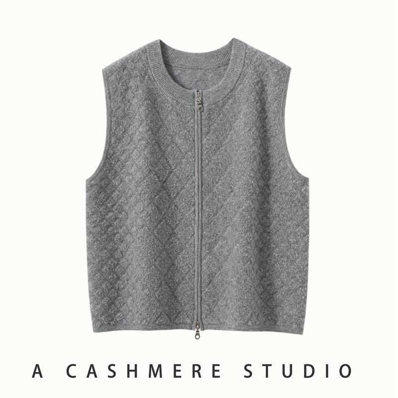 

Женский кашемировый кардиган-жилет на молнии ромбовидной вязки - Свободный, Утепленный для осени/зимы 2025 One Size