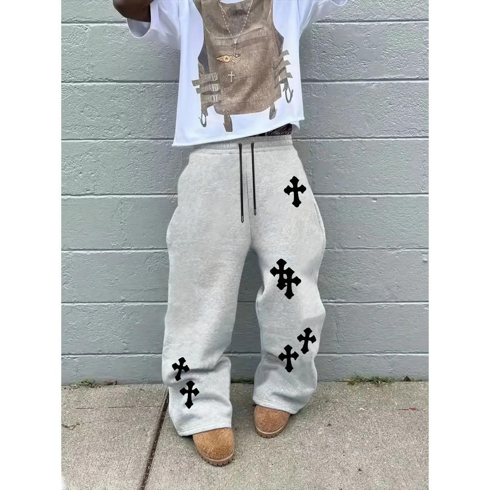 Trendige Herren Schwarze Weite Hosen Großer Weißer Kreuzdruck Street Hip-Hop Hosen Locker Lässig