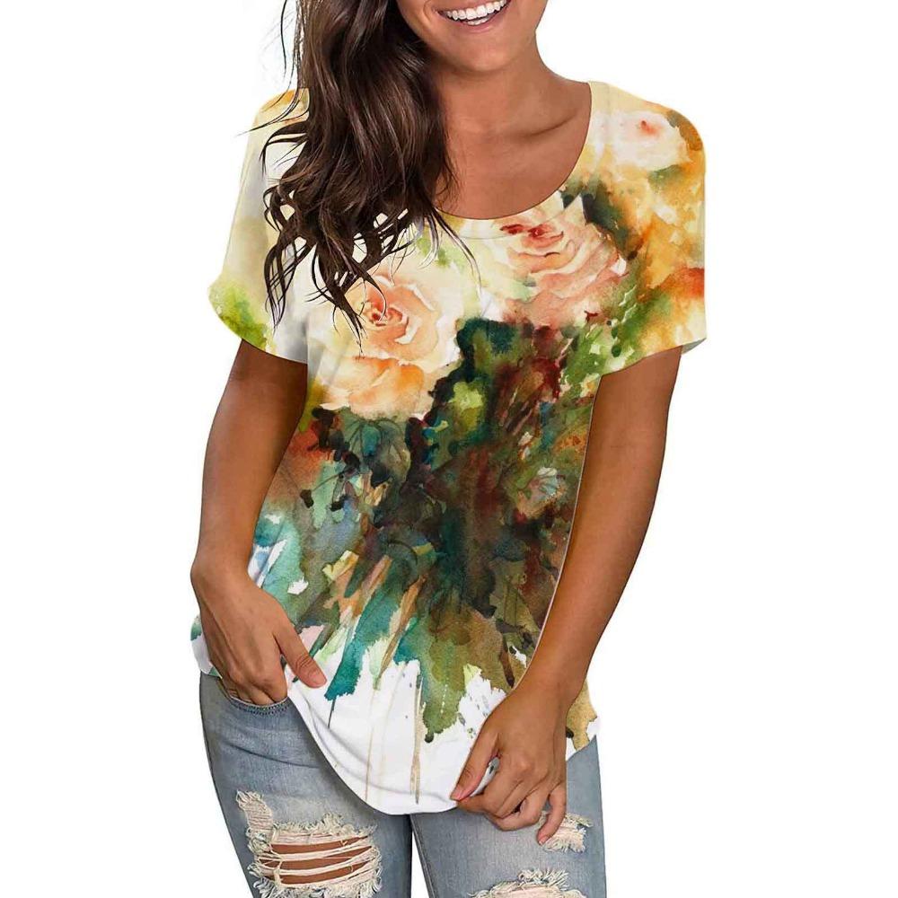 Bright Floral 3D Digital Printed Women's Fashionable Casual Round Neck Short Sleeved T-shirt