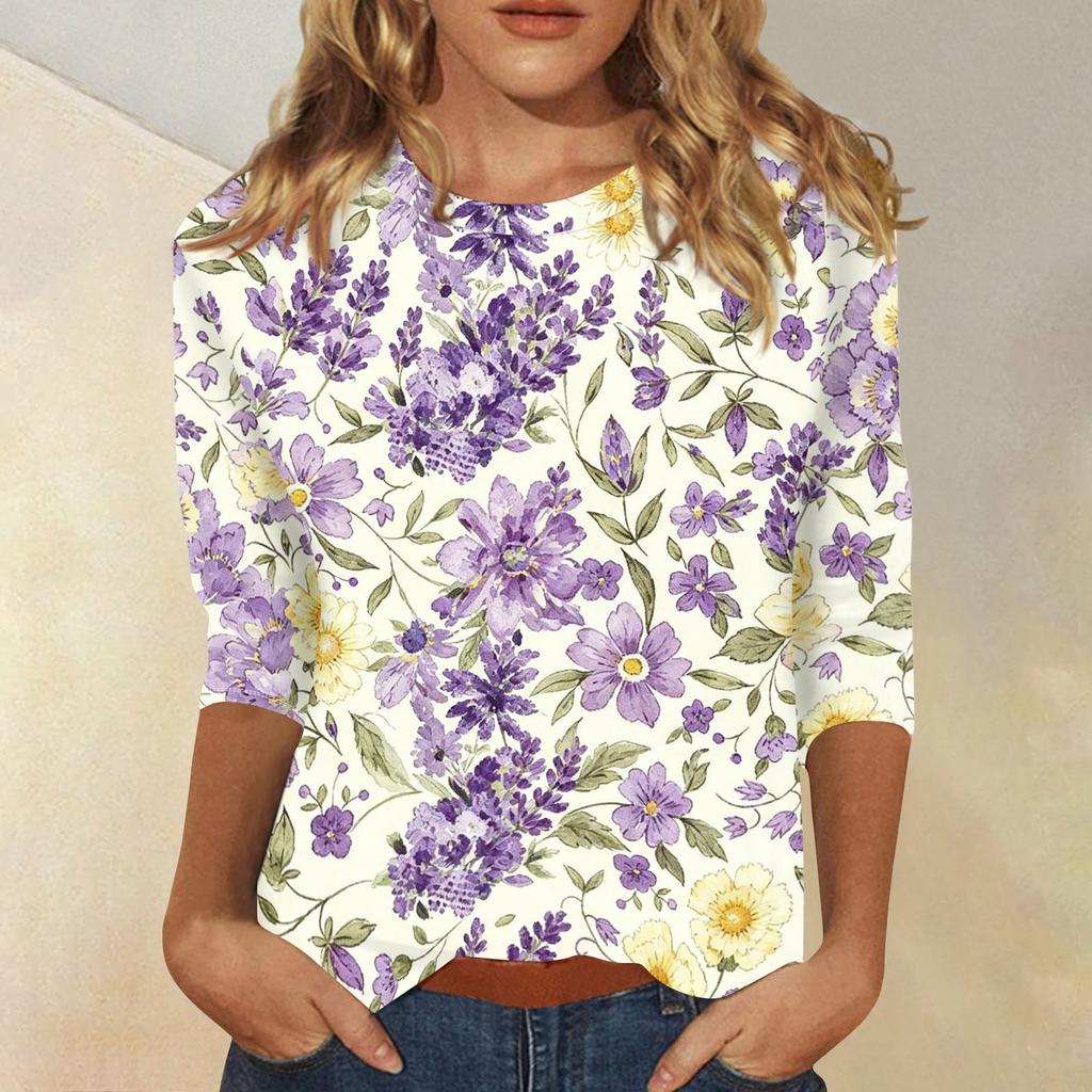Damen Casual Oberteil mit Dreiviertelärm, Blumenprint, Rundhalsausschnitt, Lockerer Schnitt, Leichter Pullover-Bluse für den täglichen Gebrauch