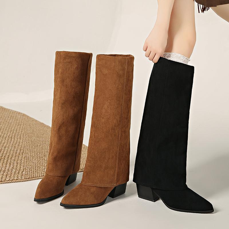 New Women's Leather High Boots Women Knee High Pointer Toe Heels Shoes Woman Trend Boots Pumps Snow Gladiator Boots