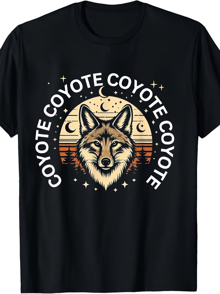 1pc, Coyote Print Men's T-Shirt for Animal Lovers - Desert Sunset Design, Breathable Wrinkle-Resista