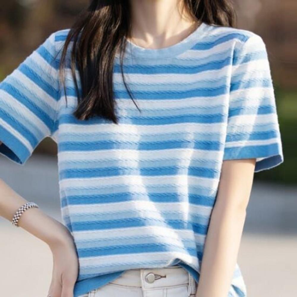 Navava Men Cable Knit Stripe Round Neck Short Sleeve Knit Tee Nk3049